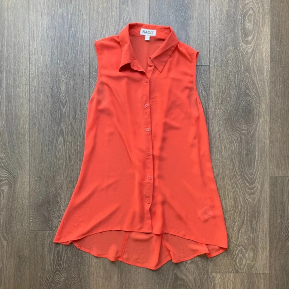 Nado Women's Blouse Sheer Button Down Front Collared Flowy Sleeveless Orange S - Picture 8 of 13